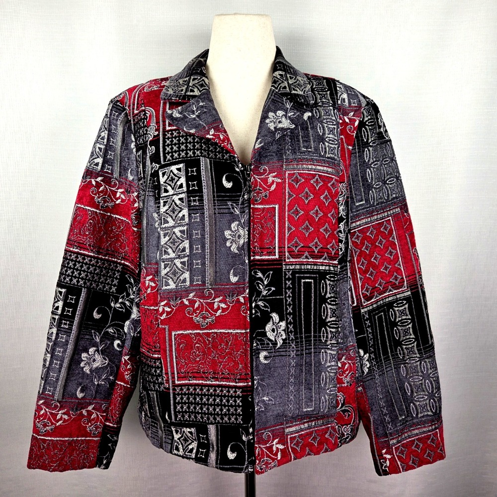 Molly & Maxx Tapestry Blazer Jacket Women's XL Zip Up Black/Gray/Red Retro Artsy